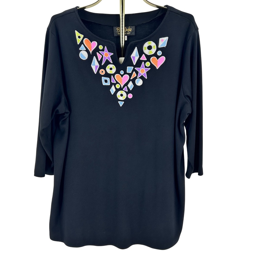 Bob Mackie Wearable Art Black Embroidered Geometric Heart 3/4 Sleeve Top 1X